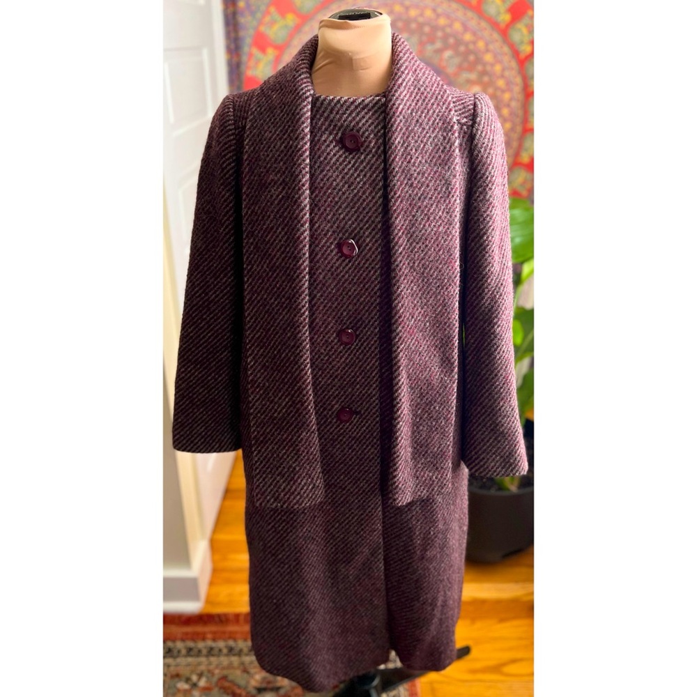 Vintage Virgin Wool Plum Purple/Gray/Black Duster Coat w/ Attached Scarf Collar